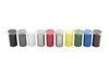 A row of nine small paint pots with different colored contents and lids, arranged in a line on a white background. Produktbild-Vorschau
