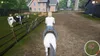 A person riding a white horse on a farm path, with cows and a barn in the background. Anteprima dell’immagine prodotto