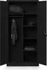 An open black metal cabinet with a hanging coat, a bag on the top shelf, and a cap and folded clothes on other shelves. Anteprima dell’immagine prodotto