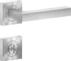 A modern, brushed metal door handle set, including a lever handle and a privacy knob, displayed against a white background. Produktbild-Vorschau