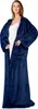 A woman wearing a navy blue hooded robe. Produktbild-Vorschau