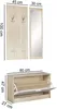 A product image showing a wall-mounted coat rack with a mirror and a shoe cabinet below, with dimensions indicated. Produktbild-Vorschau