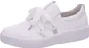 A white leather sneaker with white ribbon laces is shown from the side on a white background. Produktbild-Vorschau