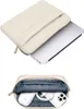 A collage showing a laptop sleeve with a laptop partially inserted, and a separate image showing the interior of the sleeve with accessories. Produktbild-Vorschau