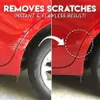A split image showing a red car door with scratches on the left side and the same area on the right side after the scratches have been removed, with a circular highlight indicating the repaired area. Náhled obrázku produktu