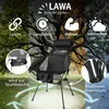 A folding camping chair is presented with icons and text highlighting its features, set against a background showing trees in different seasons. Voir les images du produit