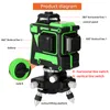 Product diagram of a 3D laser level with labels pointing to different parts and functions. Podgląd zdjęcia produktu