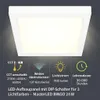A square LED ceiling light with informational graphics and text below it. Náhľad obrázku produktu