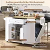 A white kitchen island with a wooden countertop is shown in a kitchen setting, with various features highlighted by text labels. Podgląd zdjęcia produktu