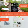 A person loading a black bag into the trunk of a car, with a dog jumping up. The second part of the image shows a shelf with folded items and a dog sleeping. Produktbild-Vorschau