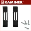 Two black mounting brackets and three screws on a white background, with a brand logo and name at the top. Náhľad obrázku produktu