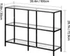 A three-tier console table with glass shelves and a black metal frame, shown with dimensions indicated by text overlays. Náhľad obrázku produktu