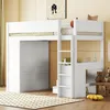 A white loft bed with a desk and wardrobe, set up in a child's room with a rug and toys. Voir les images du produit