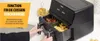 A person is shown pulling out a drawer from a black double air fryer, which contains french fries and chicken wings. There is text overlay on the left side of the image. Voir les images du produit