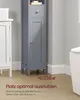 A narrow, tall gray cabinet is shown next to a white cabinet and a toilet in a bathroom setting. Text overlays provide information about space utilization. Produktbild-Vorschau