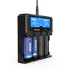 A black battery charger with multiple battery slots and a digital display showing charging status. Voir les images du produit