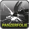 A hammer smashing through a screen with the text "PANZERFOLIE" below. Produktbild-Vorschau
