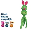 A product image featuring several dog toys, including a large green rabbit and three smaller animal-shaped toys, with Dutch text overlay. Anteprima dell’immagine prodotto