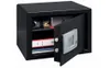 A black safe with its door open, revealing its contents and electronic keypad. Produktbild-Vorschau