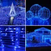 A collage of four images showcasing blue LED string lights in various decorative settings. Produktbild-Vorschau