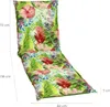 A lounge chair cushion with a floral and leaf pattern, shown in a reclined position with dimensions indicated. Produktbild-Vorschau