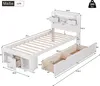 A diagram showing the dimensions of a white twin-size bed frame with drawers and a headboard shelf. Podgląd zdjęcia produktu