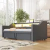 A dark gray daybed with built-in storage and LED lighting is shown in a well-lit room with a large window and a plant. Voir les images du produit
