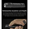 A close-up of a hand holding a flashlight, with descriptive text about its features. Produktbild-Vorschau