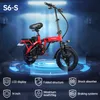 A red electric folding bicycle is displayed against a futuristic blue and black background with glowing circular patterns. Produktbild-Vorschau