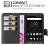 A close-up view of a black leather wallet-style phone case with a Blackberry KEYONE phone inserted. The case has card slots and a money compartment. The phone screen displays the time and date. Náhled obrázku produktu
