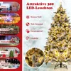 A decorated artificial Christmas tree with lights, surrounded by marketing text and images of various locations where the tree could be used. Náhled obrázku produktu