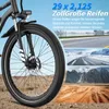 A close-up of an e-bike wheel with marketing text and images of roads in different terrains. Produktbild-Vorschau