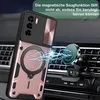 A phone case with a magnetic ring holder is shown attached to a car's air vent mount, with simulated magnetic force depicted by lightning. Produktbild-Vorschau