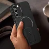 A hand holding a black phone case with a built-in stand and magnetic ring. Produktbild-Vorschau