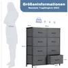 A diagram showing the dimensions of a chest of drawers next to a silhouette of a person, with text indicating size information and maximum load capacity. Voir les images du produit