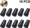 Ten black rubber tips for walking sticks are arranged in two rows on a white background. A small circular inset image in the upper left shows the tips on the ends of walking sticks in a natural outdoor setting. Produktbild-Vorschau