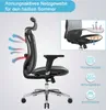 A side view of an ergonomic office chair with diagrams illustrating airflow and features. Produktbild-Vorschau