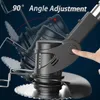 Close-up of a grass trimmer head with a finger pressing a button to adjust the angle. Produktbild-Vorschau