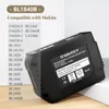 A black rechargeable lithium-ion battery is shown at an angle, with a list of compatible Makita models on the left side of the image. Produktbild-Vorschau