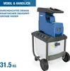 A blue and gray electric garden shredder with a collection box and wheels, shown on a white background with marketing text overlays. Produktbild-Vorschau