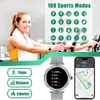 A woman is using a treadmill while a smartwatch and a smartphone are displayed in the foreground, showcasing fitness tracking features. Náhled obrázku produktu
