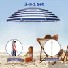 People enjoying a day at the beach with a striped umbrella. Produktbild-Vorschau