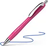 A pink ballpoint pen with a silver clip and tip, writing a blue line on a white background. Produktbild-Vorschau