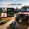 A winch and a red off-road vehicle are shown in an outdoor, rocky environment. Text overlays describe the winch's control modes and a warm tip. Voir les images du produit
