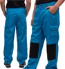 Two views of a person wearing blue work pants with black knee patches. Produktbild-Vorschau