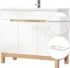 A white vanity cabinet with wood accents and a chrome faucet, shown with close-up insets of the cabinet corner and a ceramic sink. Produktbild-Vorschau