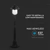 A black outdoor lamp post with text describing its features. Produktbild-Vorschau