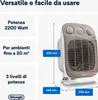 A product image showing a fan heater with dimensions and specifications. Voir les images du produit