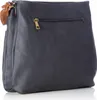 A dark blue handbag with a brown leather detail and a gold zipper is shown from the side. Produktbild-Vorschau