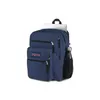 A blue Jansport backpack with a laptop peeking out the top and a water bottle in the side pocket, shown against a white background. Produktbild-Vorschau